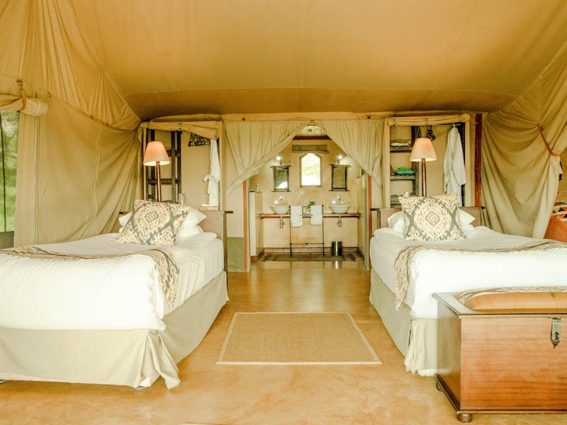 Luxury safari tent interior with twin beds