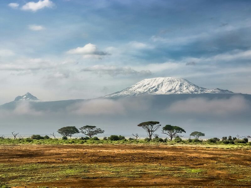 Snow-capped Kilimanjaro rising above acacia plains in Amboseli